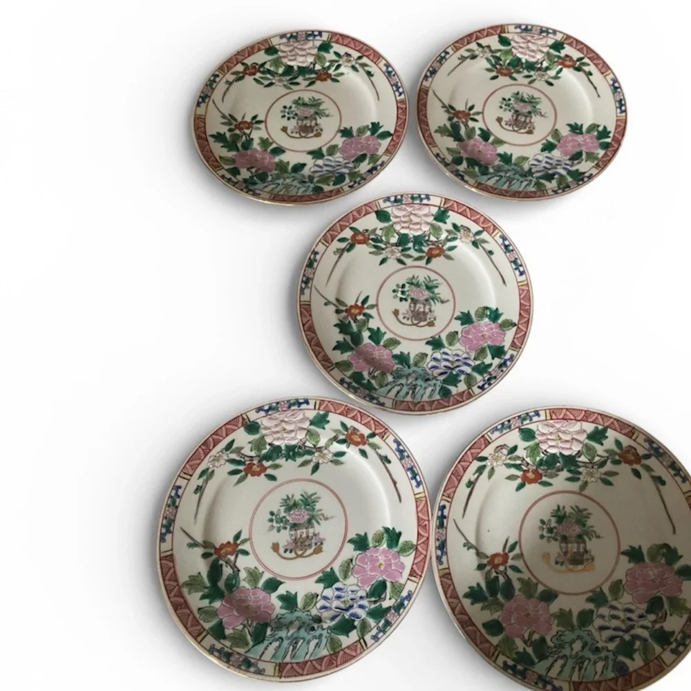 5 Kutani Yaki Ware Japanese Hand Painted  Floral 7.5” MCM Gold Trim Plates